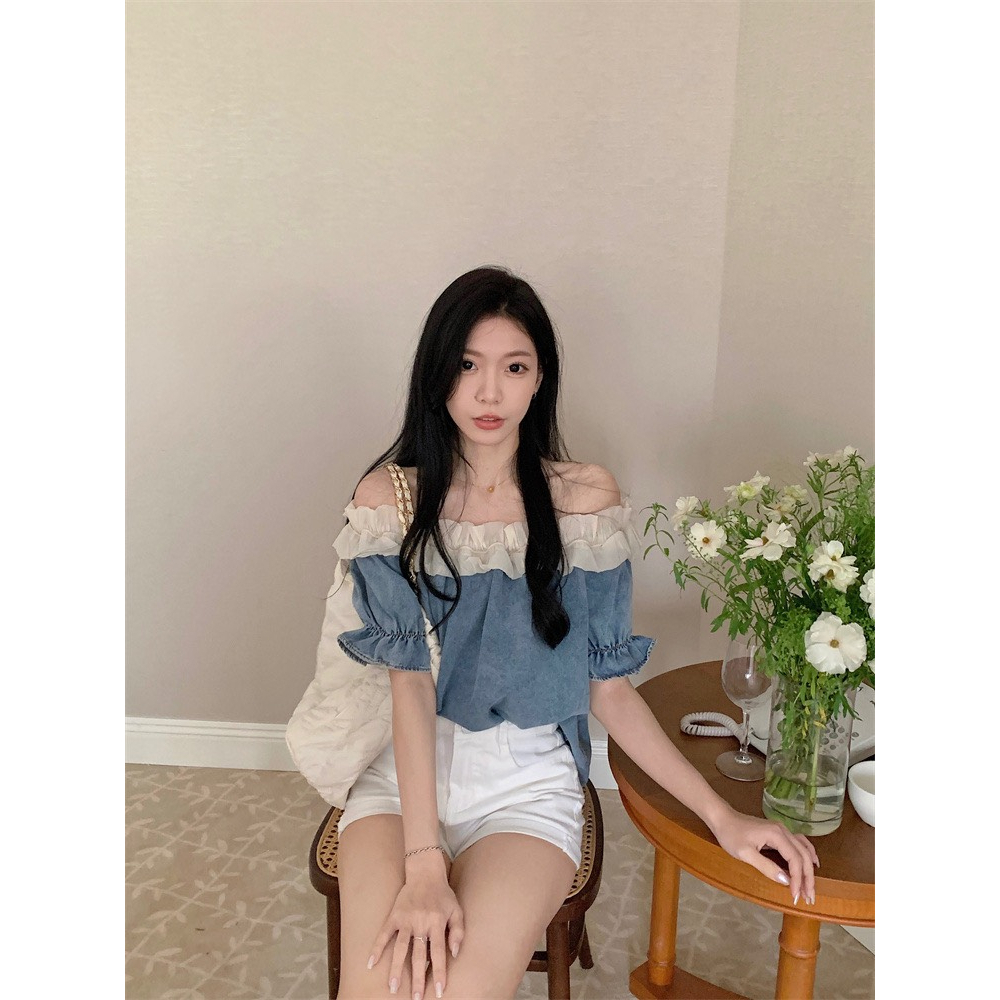 Áo jeans nữ trễ vai cộc tay phối bèo Dưới 60kg mặc bao xinh ạ