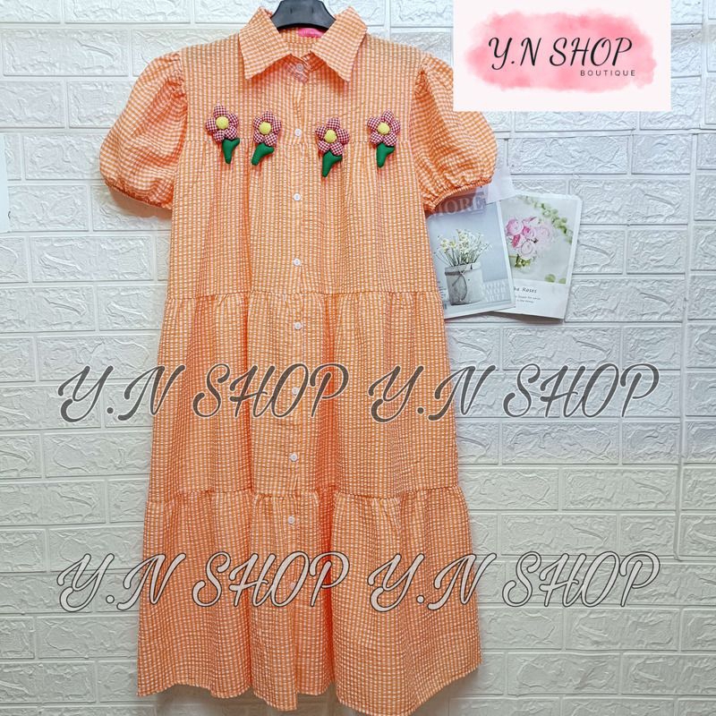 A55 ĐẦM BABYDOLL CARO ĐŨI XỐP DÁNG DÀI ĐÍNH HOA