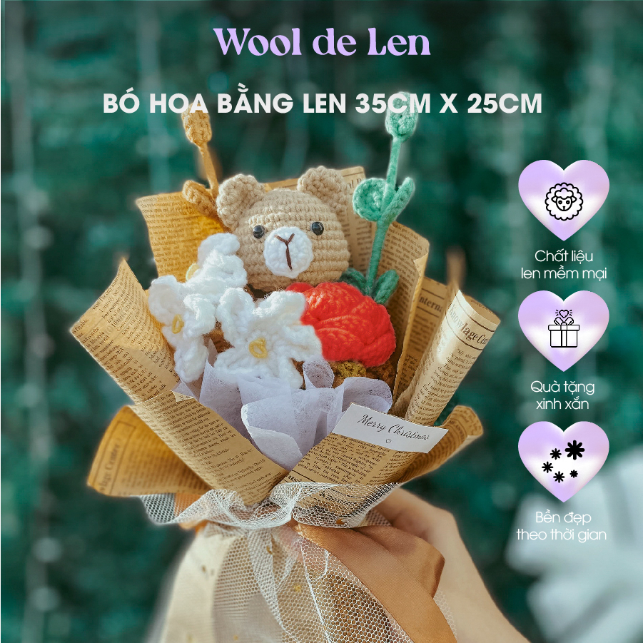 Bó hoa gấu đẹp bằng len gói sẵn làm quà tặng ý nghĩa 35x25cm Wool de Len N18