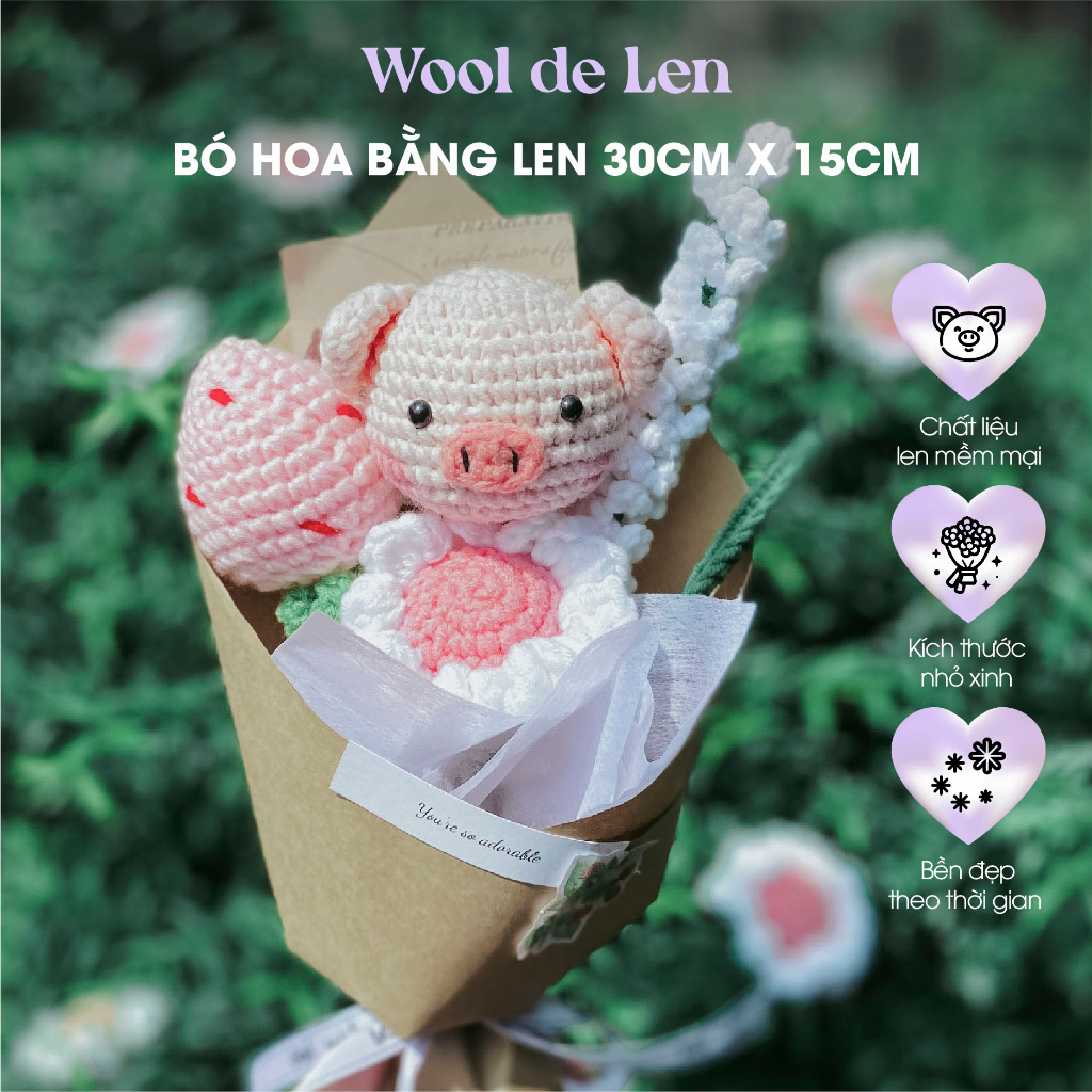 Bó hoa heo đẹp bằng len gói sẵn tặng sinh nhật 30x15cm Wool de Len N11