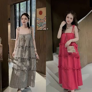 A58 Váy Suông 2 Dây Cột Nơ Kẻ Caro Dáng Tầng Phối Viền Bèo