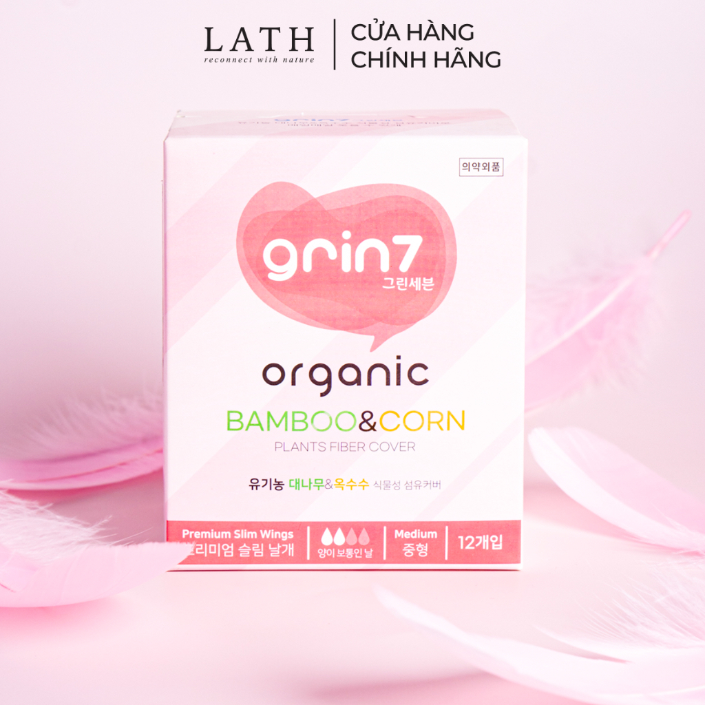 Băng vệ sinh Grin 7 Organic siêu mỏng cánh gói 12 miếng 24cm DATE 09 2023