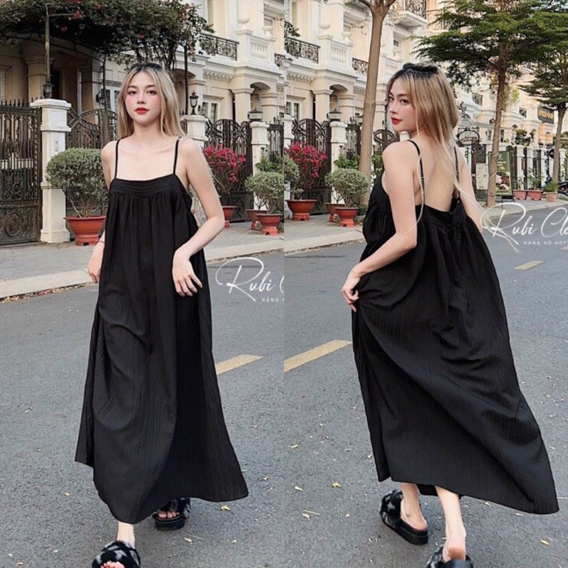 NEW|| Váy babydoll vạt bầu 2 dây đũi gân basic đầm dây dáng dài suông fressize