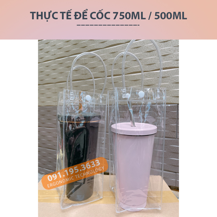 Túi đựng bình nước trong suốt - nhựa PVC cao cấp - Túi đựng Ly / Bình Giữ Nhiệt 750ml / 500ml - Kích thước 25 x 10 x 10