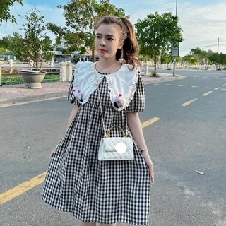 A45 đầm caro babydoll tay phồng cổ bèo đính cừu & chó cute