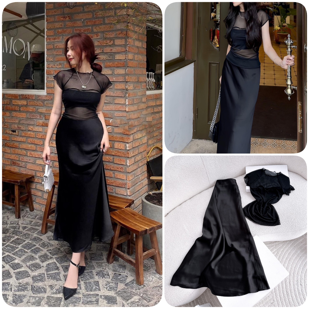 SET ÁO VOAN LƯỚI ĐEN TAY NGẮN KÈM CHÂN VÁY LỤA MIDI