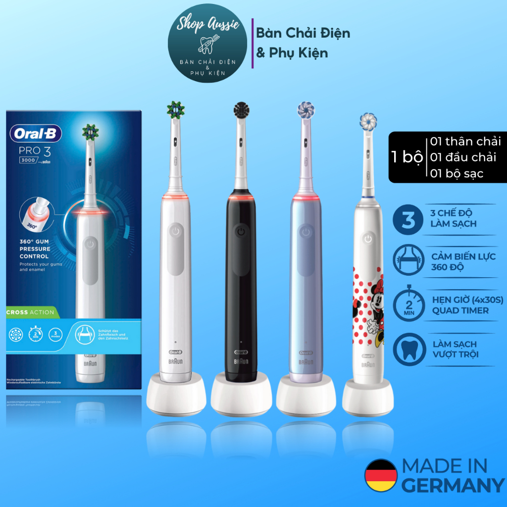 Bàn Chải Điện Oral-B Pro 3 3000 - Cảm Biến Lực 360°, Pin Li-ion, Hẹn Giờ ProTimer, 3 Chế Độ Chải Răng