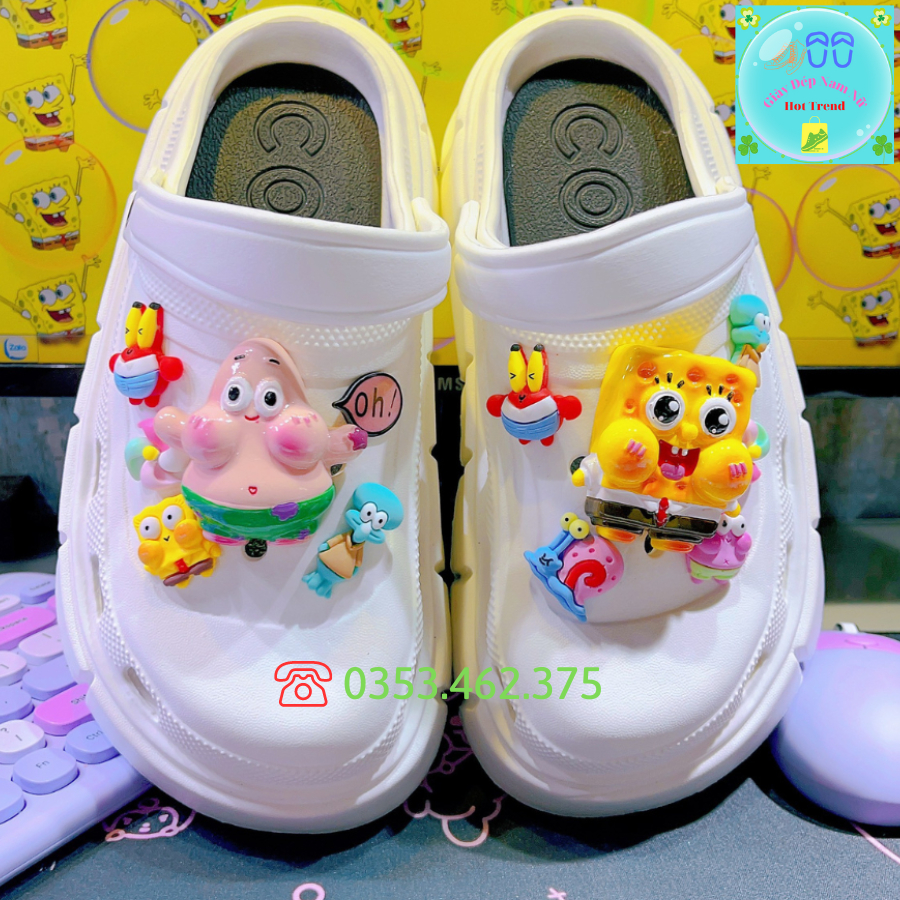 Bộ Sticker Bọt Biển SpongeBod Phụ Kiện Trang Trí Dép Crocs Jibbitz Charm 3D Gắn Sục Cross Mẫu Mới Siêu Xinh Sẵn Nút Gắn