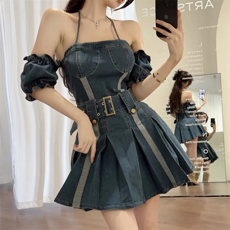 Váy denim xoè dáng ngắn kèm thắt eo bản to kiểu dáng sexy cho nữ