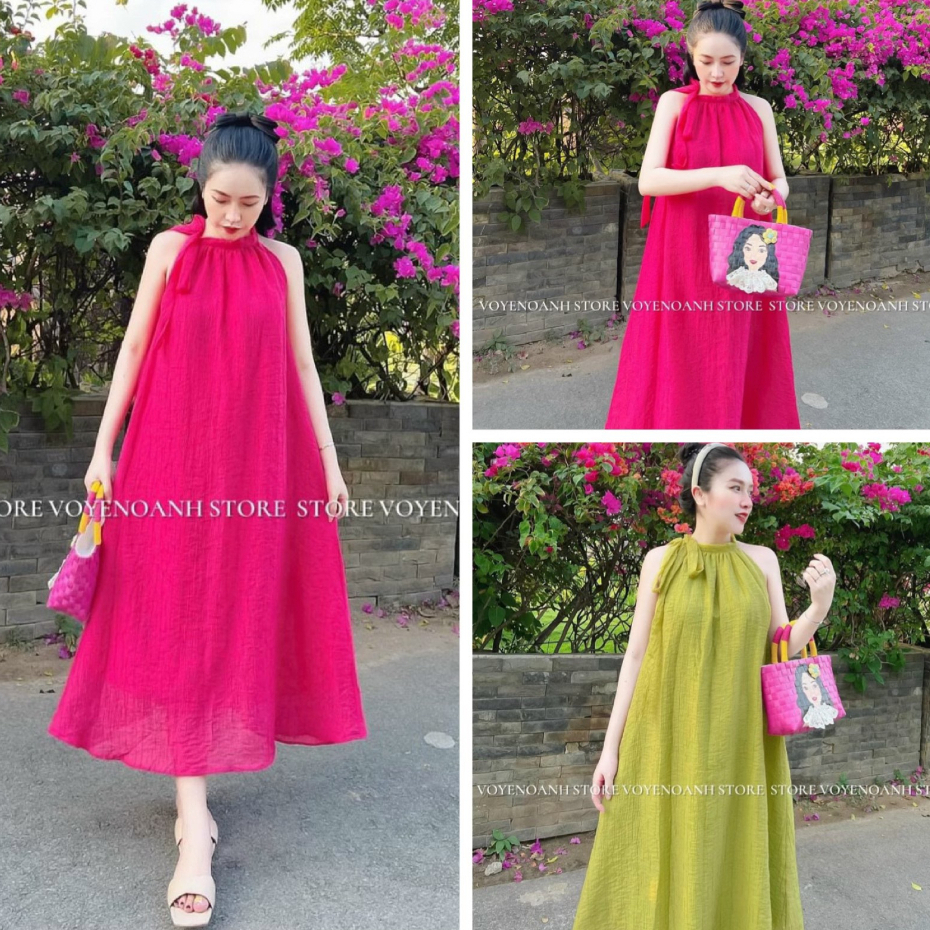 Đầm váy maxi nữ cổ yếm buộc nơ mix dáng váy xòe dài dễ thương dành cho các nàng dạo biển, bầu bí mặc nhà siêu đáng yêu.