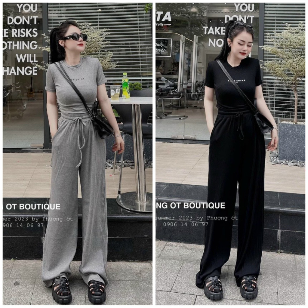 Set đồ bộ nữ áo croptop cổ tròn tay ngắn mix quần dài ống rộng trẻ trung, năng động dành cho các nàng mặc đi dạo, đi làm