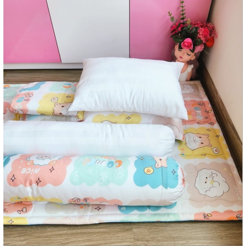 Set gối nằm+ gối ôm tencel lông vũ nhân tạo cho bé