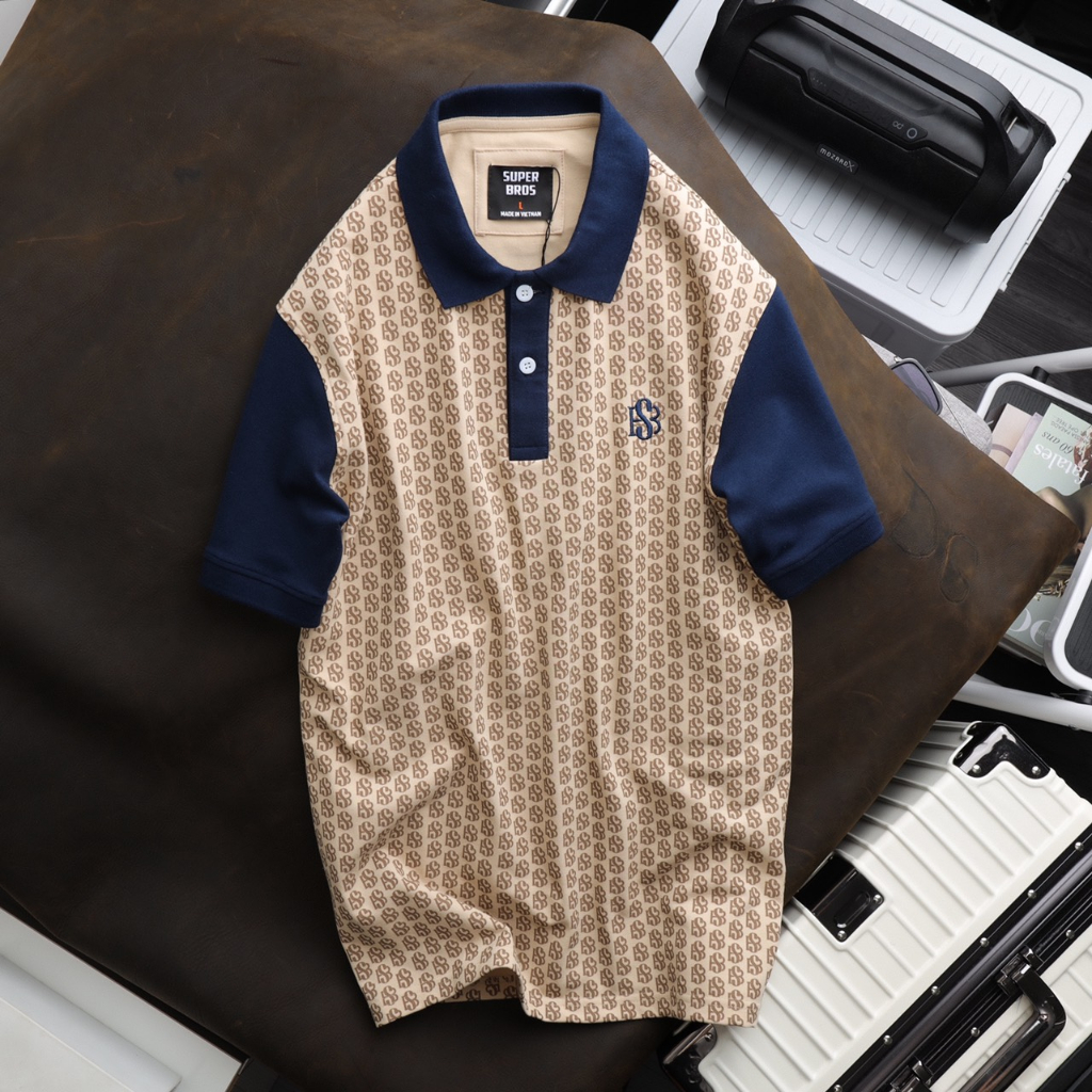 Áo polo nam monogram Super Bros hàng chính hãng, phong cách Hàn Quốc vintage với chất vải cá sấu cao cấp xịn đẹp