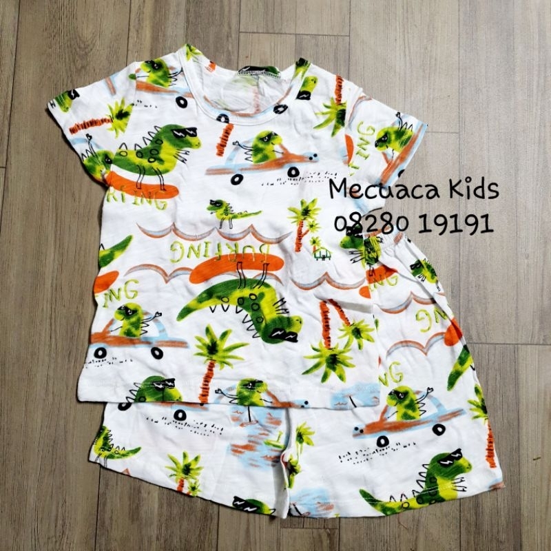 Bộ cộc tay cotton/ cotton xước vải xuất Hàn khủng long siêu nhân mặc nhà cho bé trai