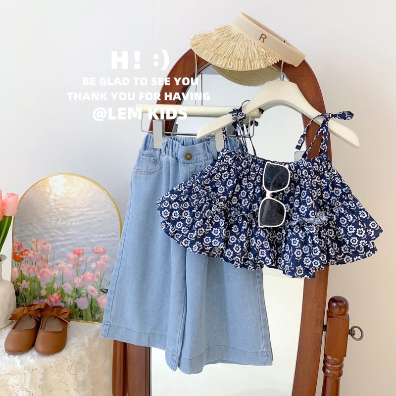 Set áo dây quần bò xuông dành cho bé gái, bộ áo 2 dây hoạ tiết hoa nhí phối quần denim ống rộng phong cách Hàn Quốc