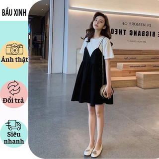 Váy bầu công sở dự tiêc đep-đầm bầu thiết kế sét yếm liền xinh xắn babydoll giả yếm vải cotton mềm mịn bigsize