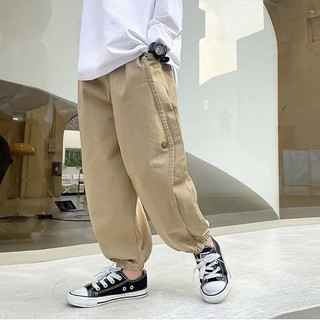 Quần kaki phối cúc bo gấu, quần dài cho bé trai 2 màu đen - be phong cách Hàn Quốc