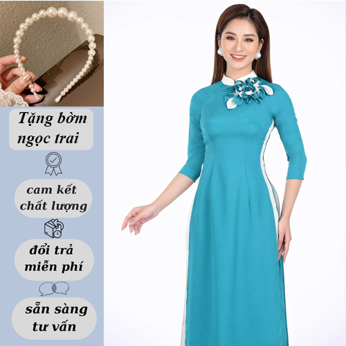 Áo dài 4 tà truyền thống nữ 🌿tặng bờm🌿 thiết kế tay lỡ đính hoa lụa thủ công chất lụa Chiffon cao cấp mềm mịn, bay tà