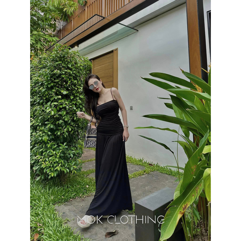 Váy Nữ Hai Dây Maxi Dáng Dài Xoè Ôm Eo Phối Nhún Hở Lưng Sexy Quyển Rủ Chất Thun Mát Co Giãn Đi Chơi, Du Lịch Cực Sang