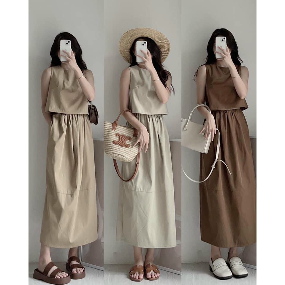 Set áo sát nách croptop trơn kèm chân váy midi S53 ROSIE