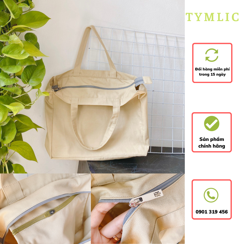 Túi Tote Vải Bố Có Khóa Kéo Màu Be TYMLIC