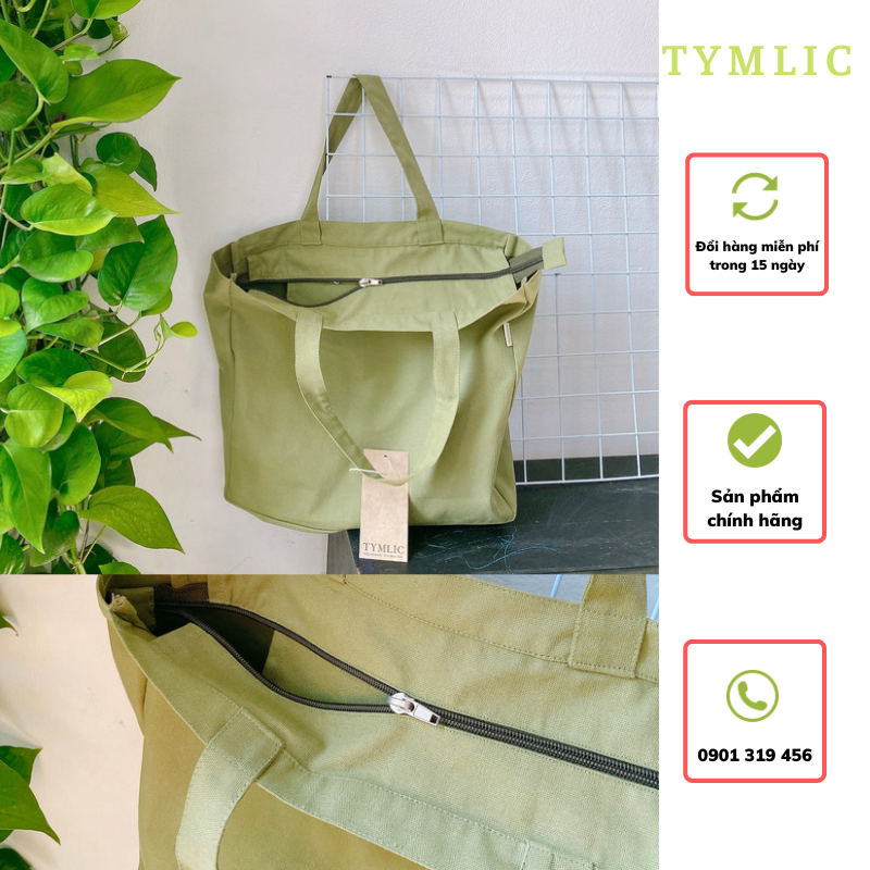 Túi Tote Vải Bố Có Khóa Kéo Màu Xanh TYMLIC