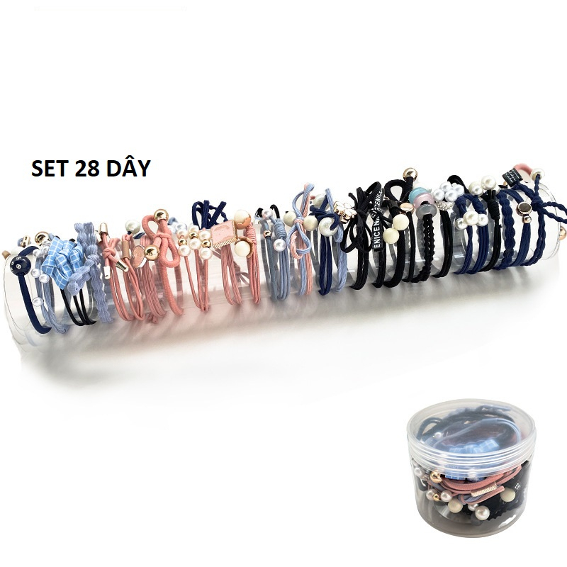Set dây buộc tóc thun nhiều chi tiết cho trẻ em và người lớn đều dùng được đựng trong hộp gọn gàng