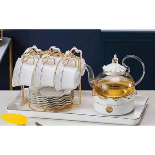 Bộ ấm chén uống trà, kèm khay cao cấp, Btách trà sứ xương phong cách khay chữ nhật có đế hâm nóng tặng kèm 6 thìa vàng