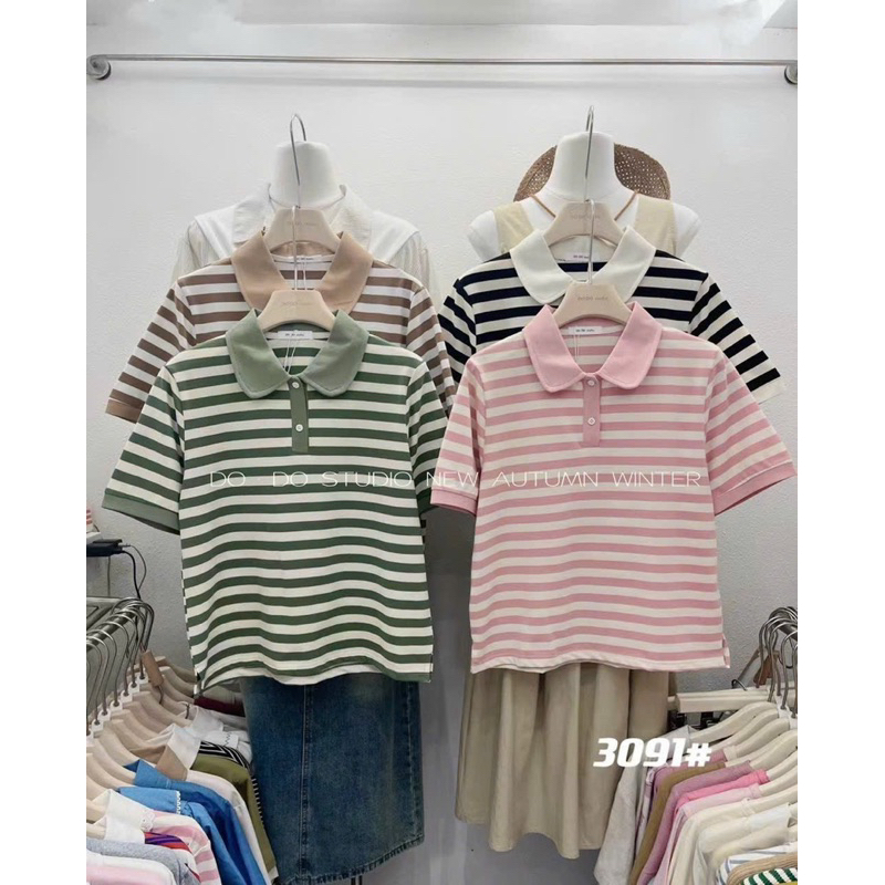 Áo polo kẻ cổ sen có xẻ - mã 3091