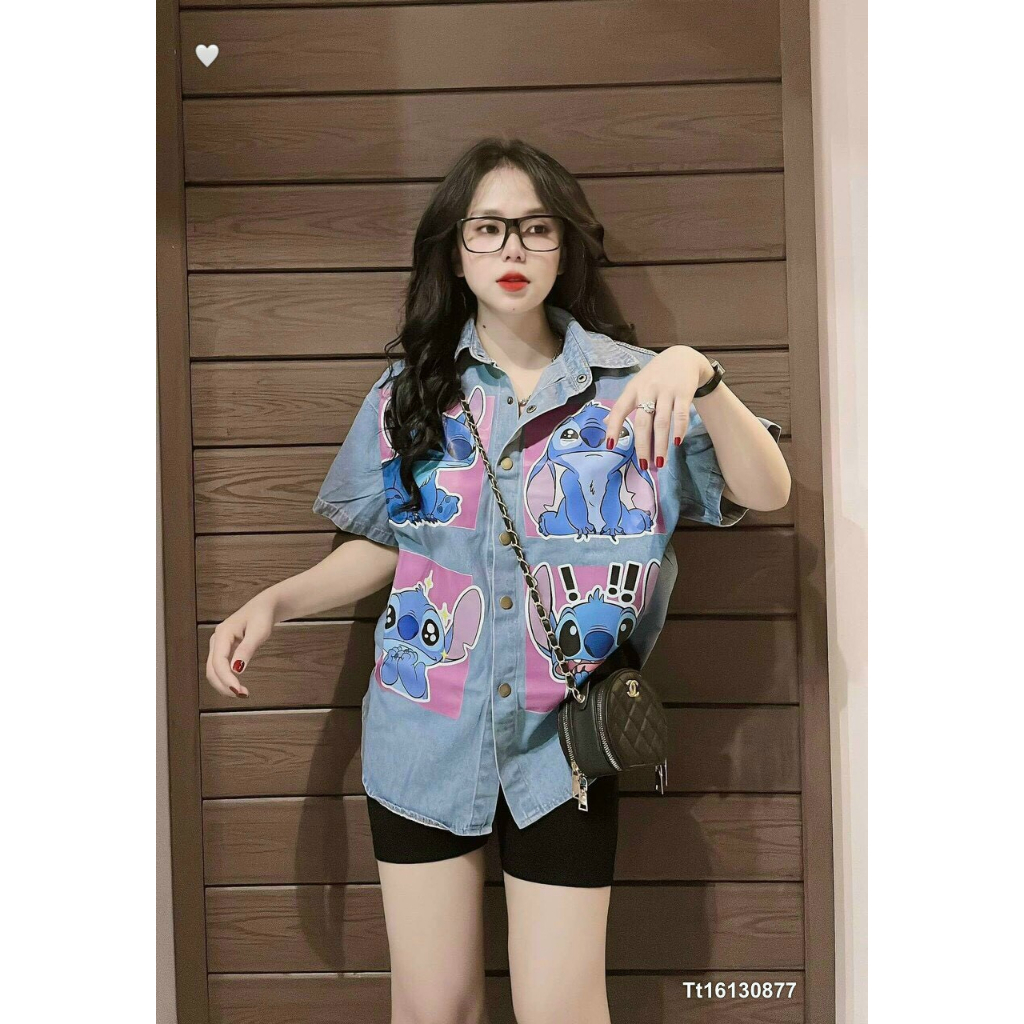 Sét Bộ Aó Sơ Mi Jean Tay Ngắn From Rộng In Hình Cute Phối Quần Ngố Thun Bozip Cực Xinh(ảnh thật)