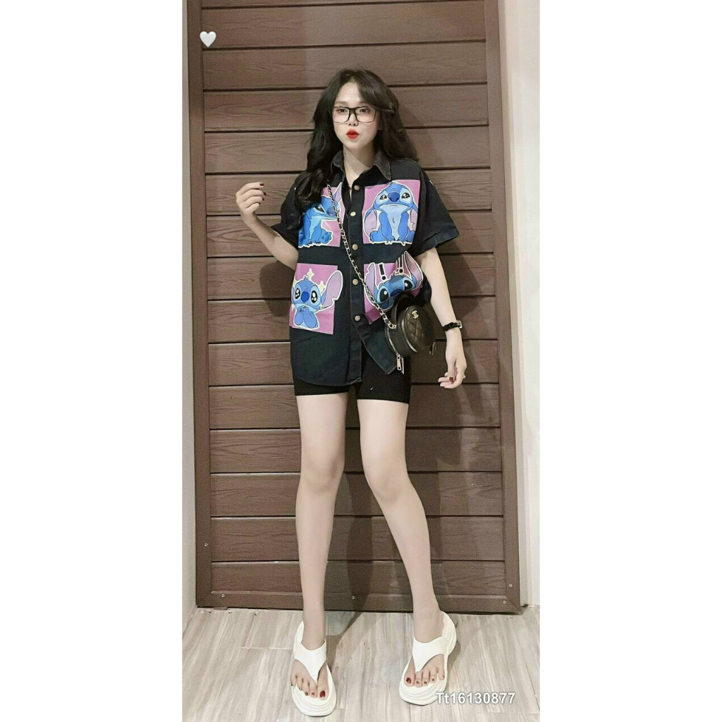 Sét Bộ Aó Sơ Mi Jean Tay Ngắn From Rộng In Hình Cute Phối Quần Ngố Thun Bozip Cực Xinh(ảnh thật)