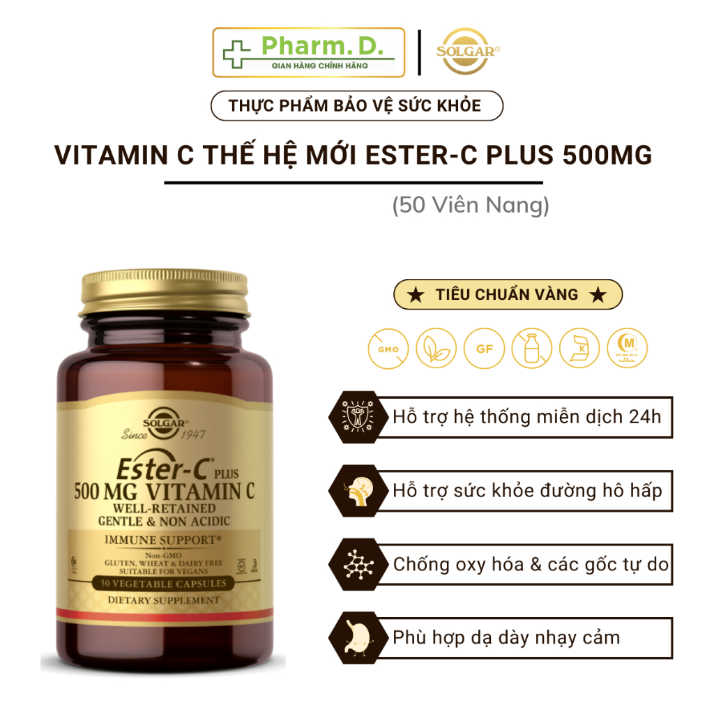[CHÍNH HÃNG] Viên Uống Solgar Vitamin Ester-C Plus 500mg Viên Nang Thực Vật (Hộp 50 Viên)