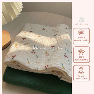 Vải muslin họa tiết cherry chữ - muslin xanh lá nhà vải linen
