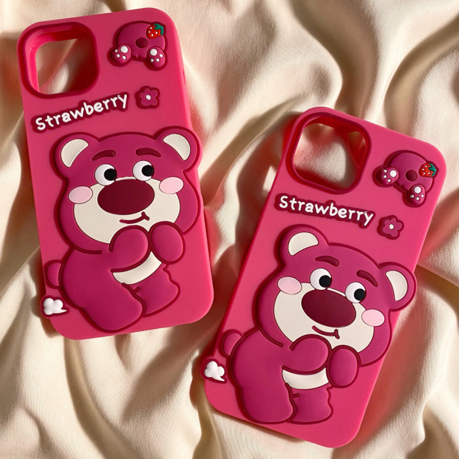 Ốp Lưng Điện Thoại Gấu Hoa Hồng Dâu Tây Đỏ tkstore68 Hình Gấu 3D Siêu Dễ Thương cho iPhone 11/12/13/14/Pro/ProMax