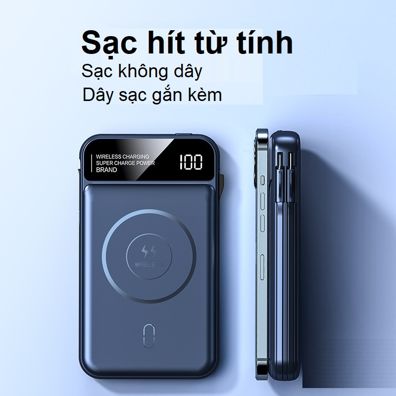 Sạc dự phòng không dây hít từ tính 10000mAh, kèm dây sạc gắn liền tiện dụng, phù hợp cho nhiều thiết bị