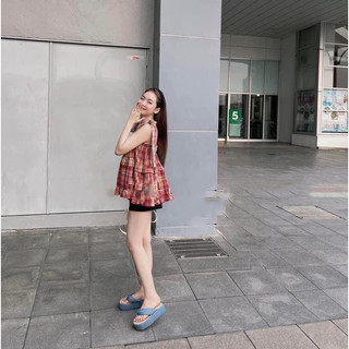 Set áo 2 dây babydoll caro đỏ mix quần sooc năng động