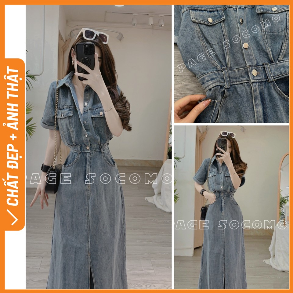 Váy đầm jean dáng dài xẻ giữa Socomo V642023 - Hàng loại 1, chất đẹp - Giá tốt