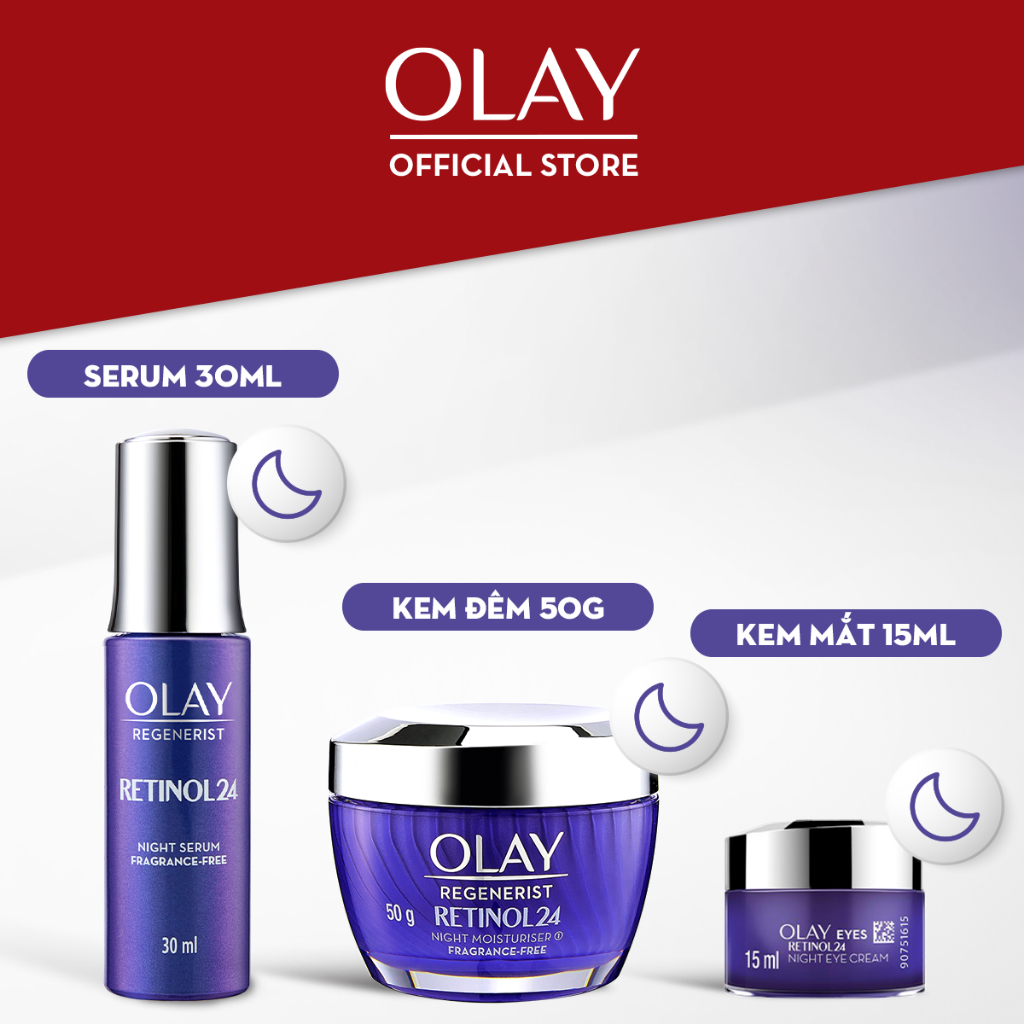 Combo 3: Kem Dưỡng Ẩm + Dưỡng Mắt + Serum Giúp Trẻ Hóa & Mờ Nếp Nhăn OLAY RETINOL24 50G + 30ML + 15ML