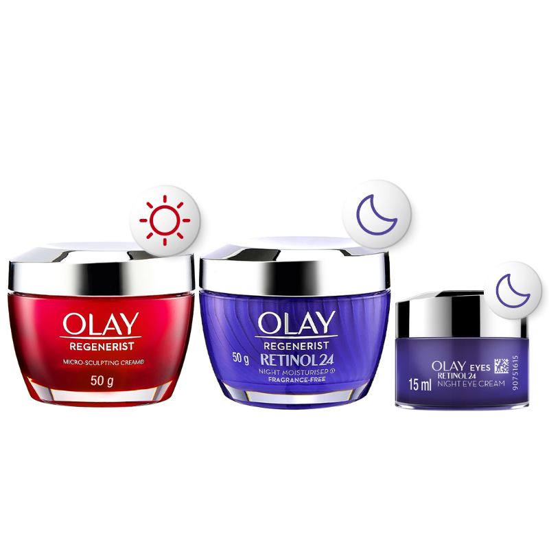 Combo 3: Kem Dưỡng Ban Ngày OLAY REGENERIST 50G, Kem Dưỡng Ban Đêm OLAY RETINOL 50G, Kem Dưỡng Mắt OLAY RETINOL 15ML