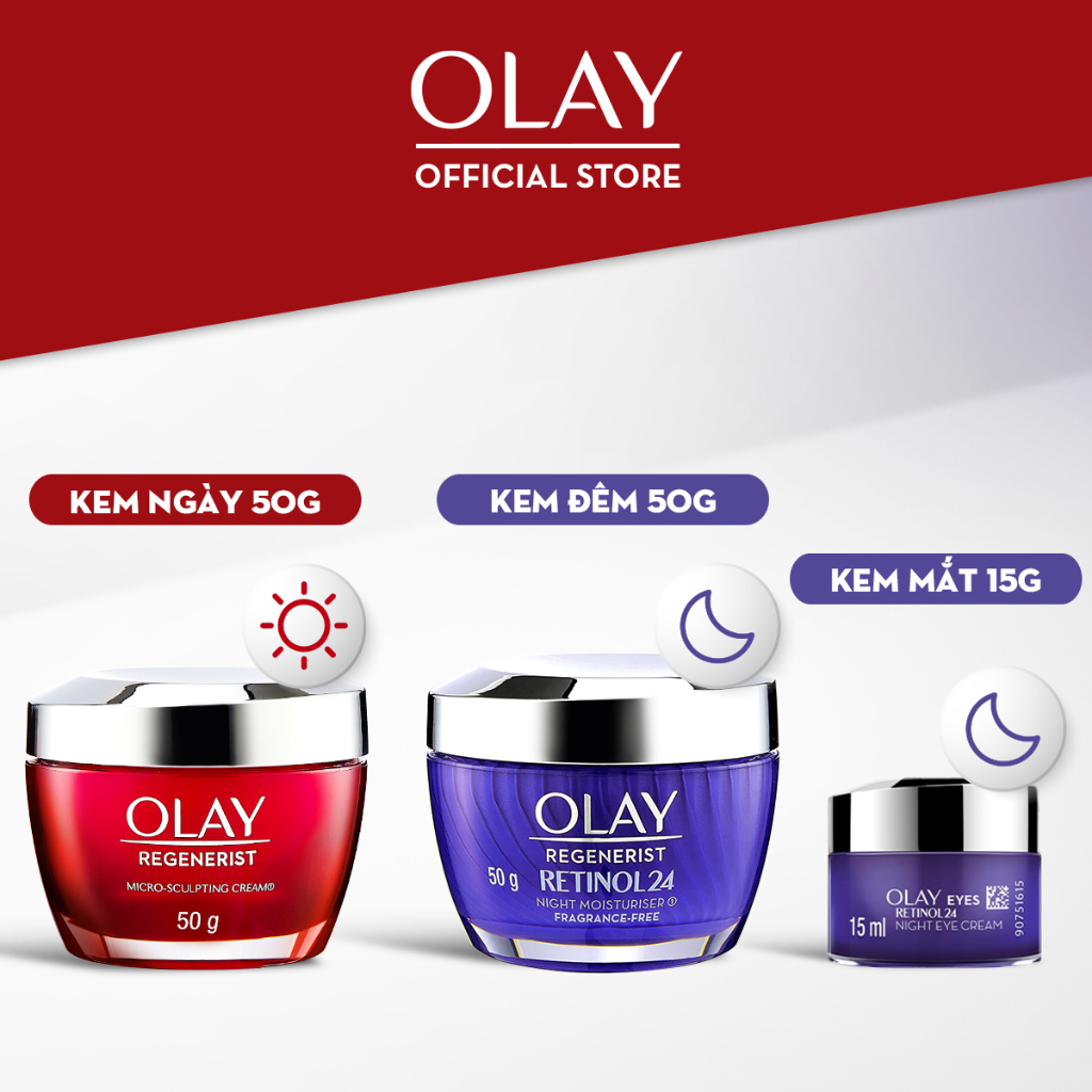 Combo 3: Kem Dưỡng Ban Ngày OLAY REGENERIST 50G, Kem Dưỡng Ban Đêm OLAY RETINOL 50G, Kem Dưỡng Mắt OLAY RETINOL 15ML