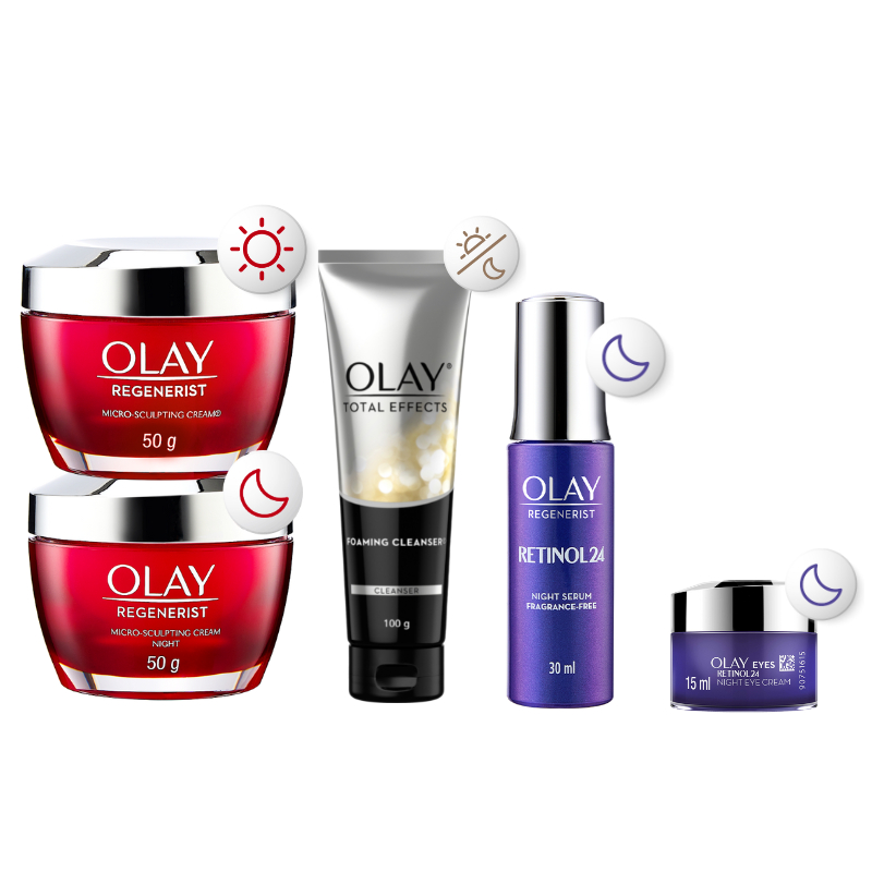 Combo 5 Kem Ngày & Đêm + Kem Mắt + Serum + Sữa Rửa Mặt Ngừa Lão Hóa, Tái Tạo Da OLAY (50G X2 + 15ML + 30ML + 100G)