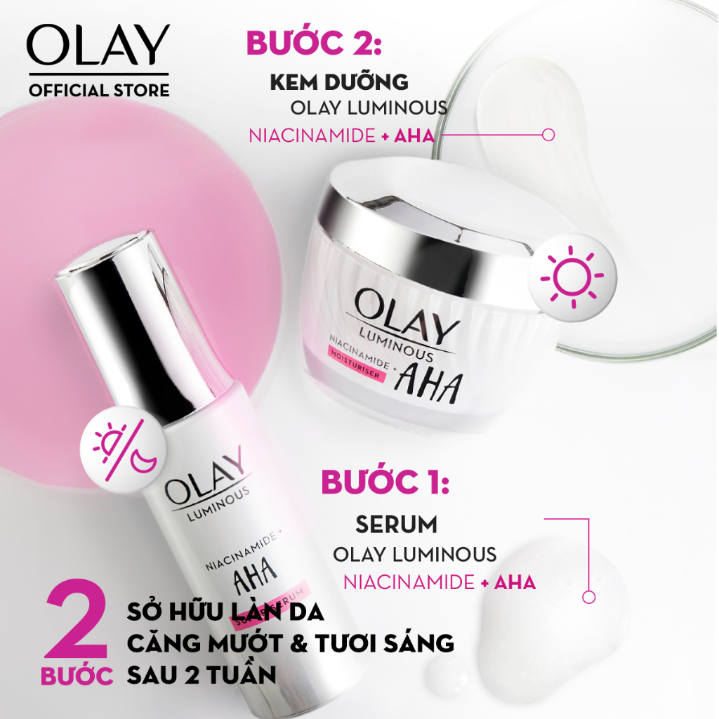 Combo 2: Kem Dưỡng + Serum Sáng Da, Mờ Thâm Mụn OLAY LUMINOUS NIACINAMIDE AHA (50G + 30ML)