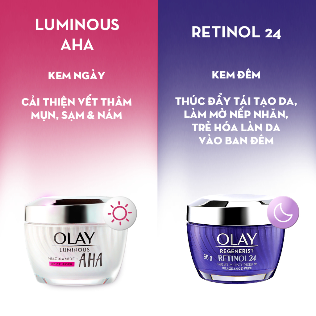 Combo 2 Kem Dưỡng Đêm Tái Tạo Da, Ngăn Lão Hóa OLAY RETINOL 50G & Kem Dưỡng Sáng Da, Mờ Thâm Mụn OLAY LUMINOUS AHA 50G