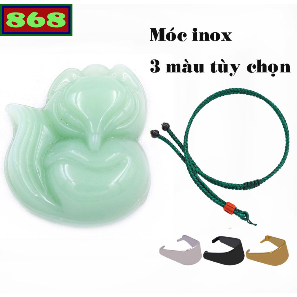Mặt dây chuyền Hồ ly đá xanh ngọc 4.6cm kèm vòng cổ dây dù xanh lá + móc inox - mặt size lớn XL, Hồ tiên, Hồ ly tinh