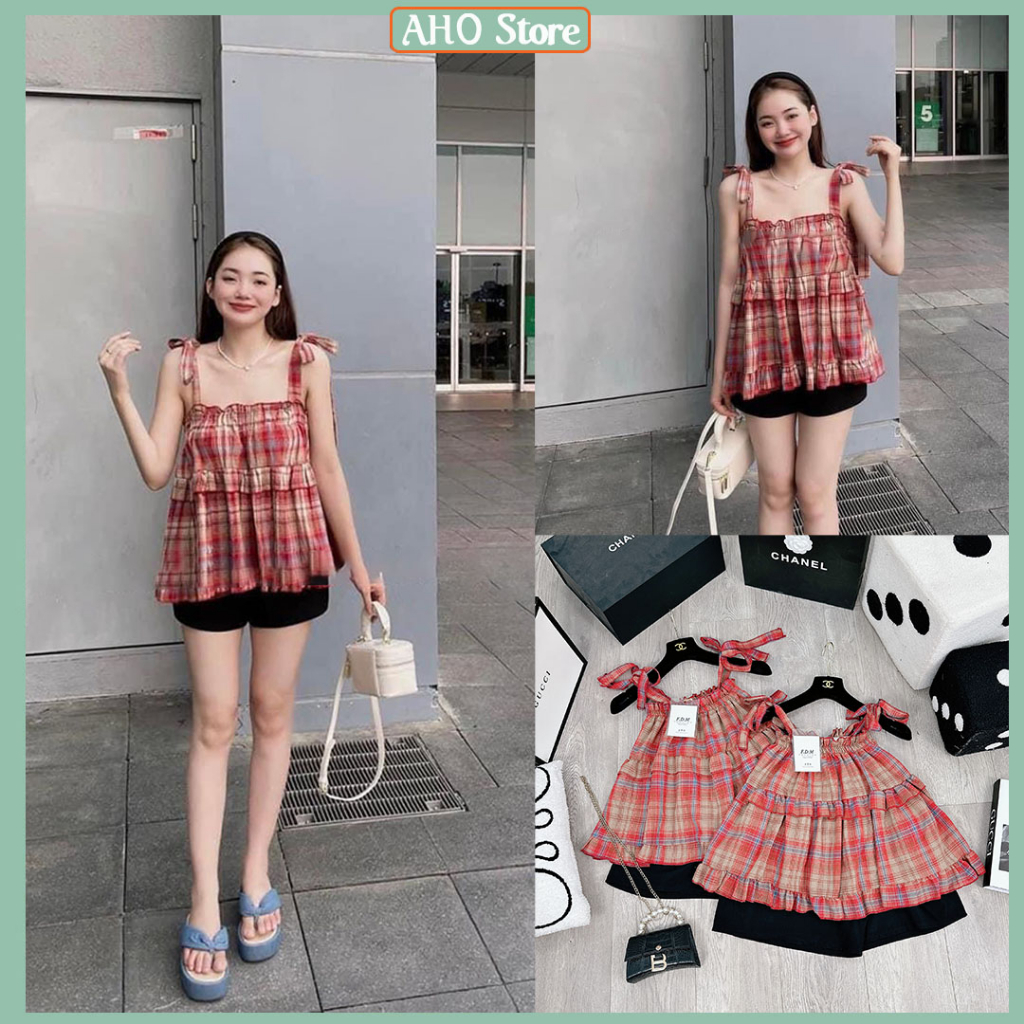 Bộ Đùi Nữ Áo 2 Dây Buộc Kẻ Caro Dáng Babydoll 2 Tầng Mix Quần Đùi Đen Trơn Freesize