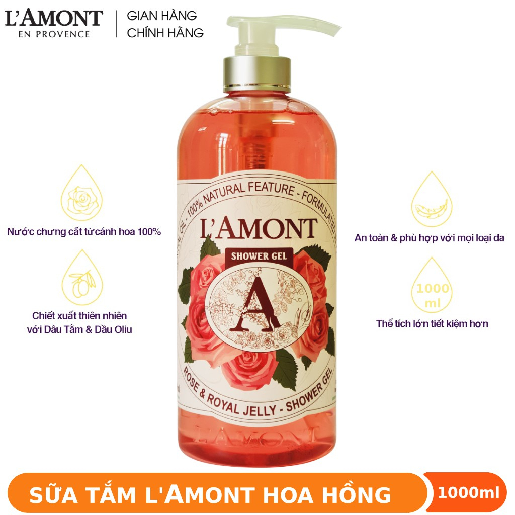 Sữa tắm LAmont En Provence Hoa Hồng và Anh Đào  1000ml - Thương hiệu L'amont En Provence