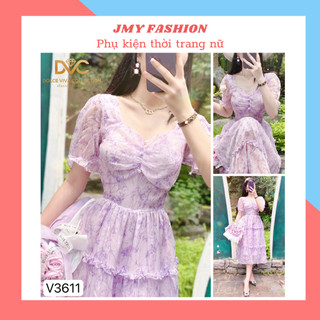 V3611 Váy đầm hoa nhí tím cổ tim nữ tính váy voan hoa nhí tím dáng dài tươi sáng