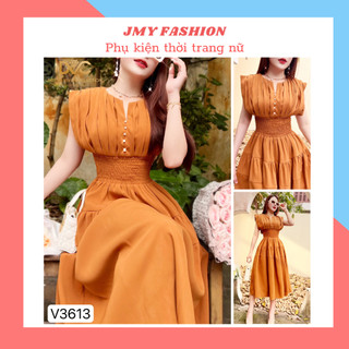 V3613 Váy nâu xoè xếp ly ngực chun eo sang chảnh váy đầm xoè nâu cam vintage
