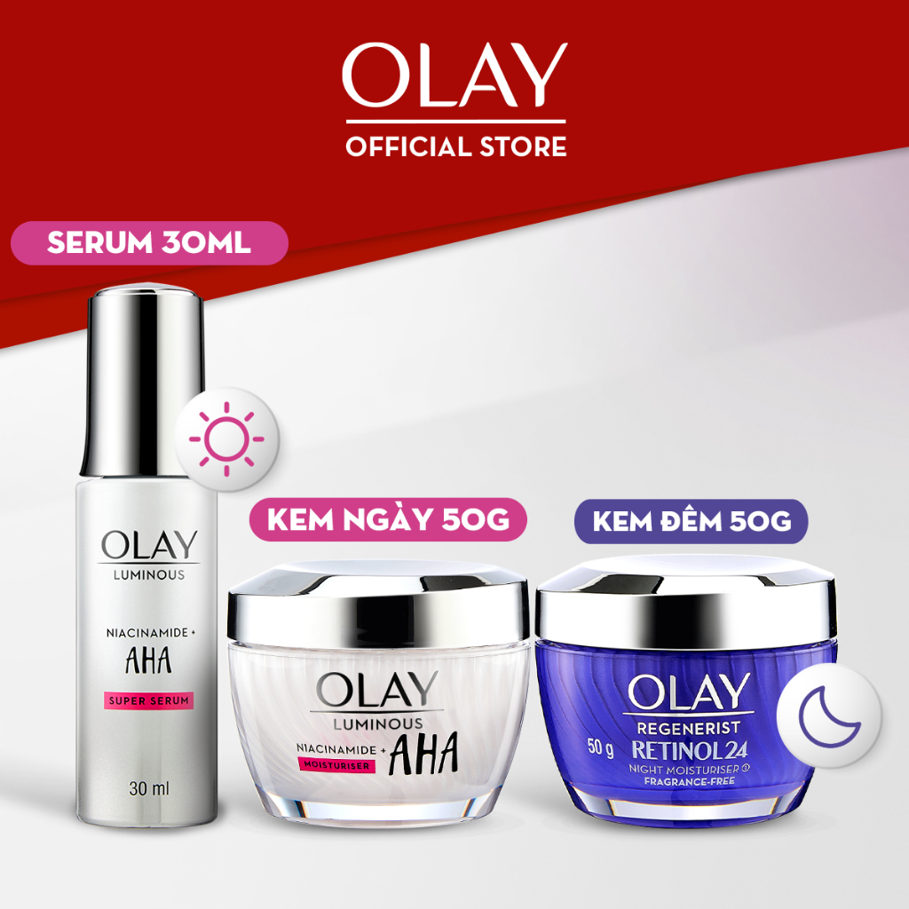 Combo 3: Kem Dưỡng OLAY REGENERIST RETINOL 50G, Kem Dưỡng & Serum Sáng Da OLAY LUMINOUS AHA 50G + 30ML