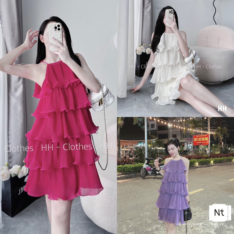 Váy Cổ Yếm Dập Ly 4 Màu Hàng Đẹp 2 Lớp, Đầm Maxi Đi Biển Siêu Xinh
